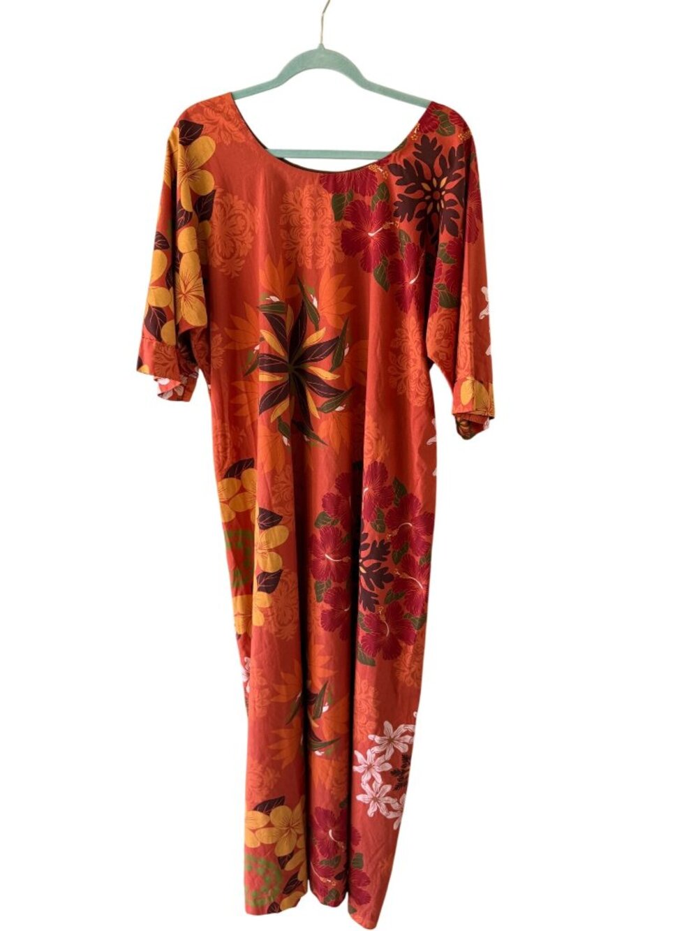 Vintage Handmade Floral Pullover Caftan Maxi Dress Size L/XL Cotton Burnt Orange
